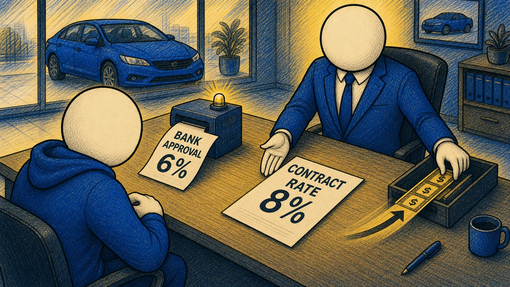 A car buyer sees a bank approval of six percent and a contract rate of eight percent at a dealer desk