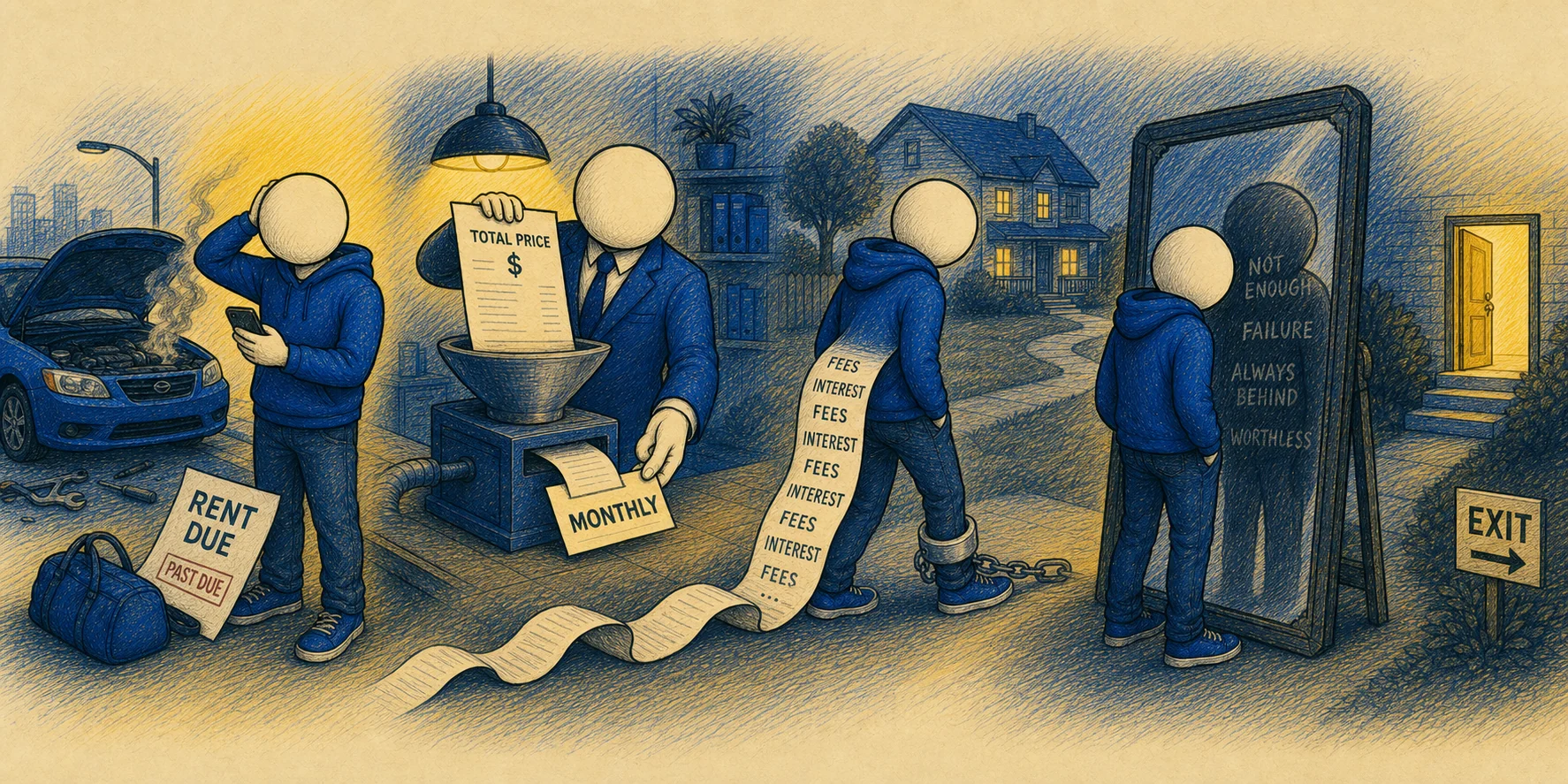 A worker moves from an emergency to a monthly-payment pitch, a long trail of fees, shame, and finally an exit